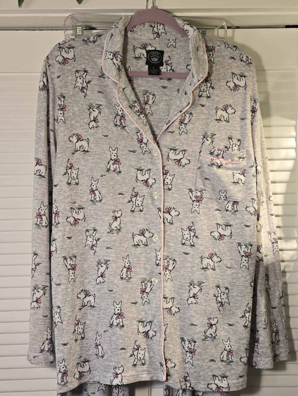 Laura Ashley Scottie Dog Pajama Set Gray Pink Bows Long Sleeve 2PC L